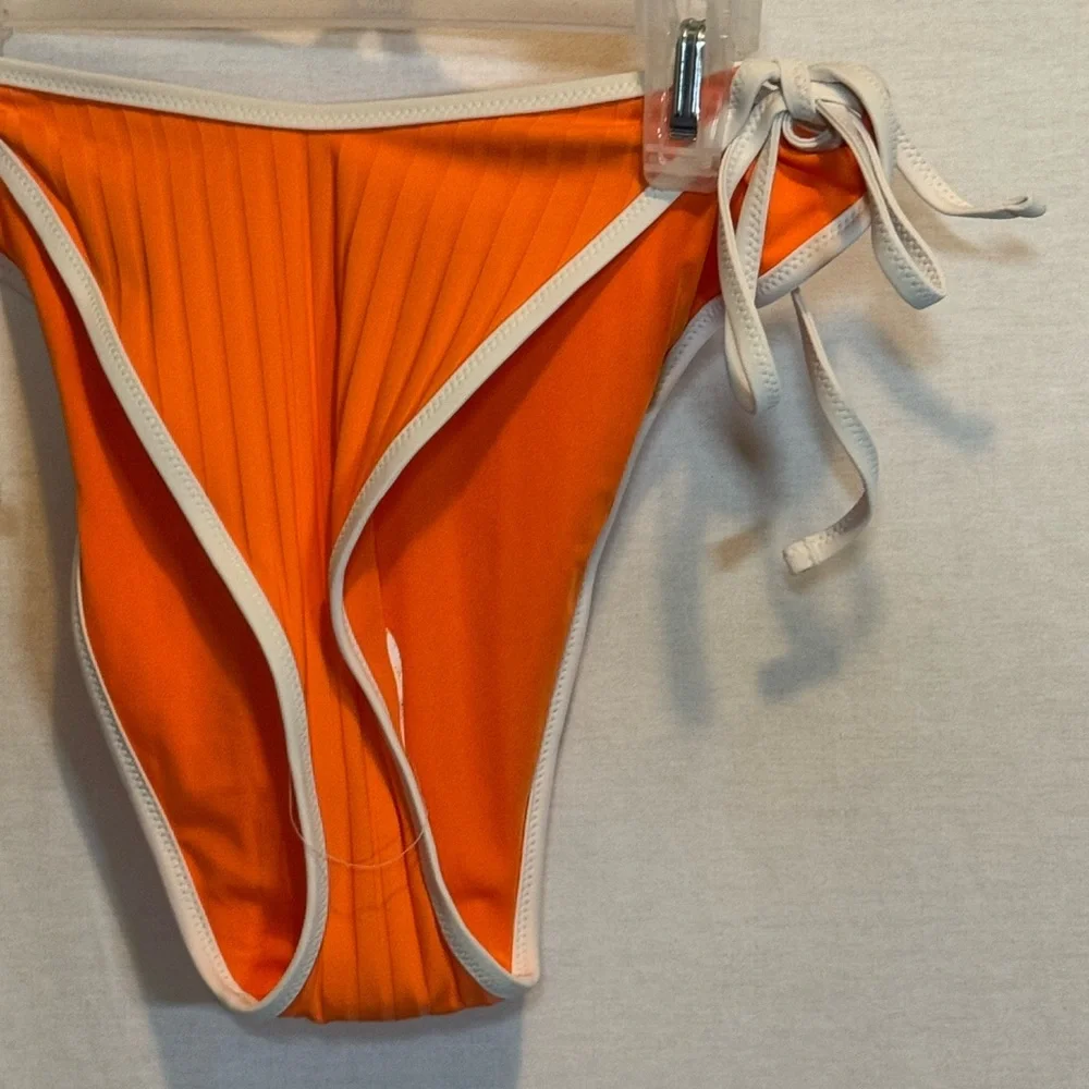 AA-272 Aerie NWT Cheekiest Side Tie Orange &‎ White Ribbed Swim Bikini Bottoms